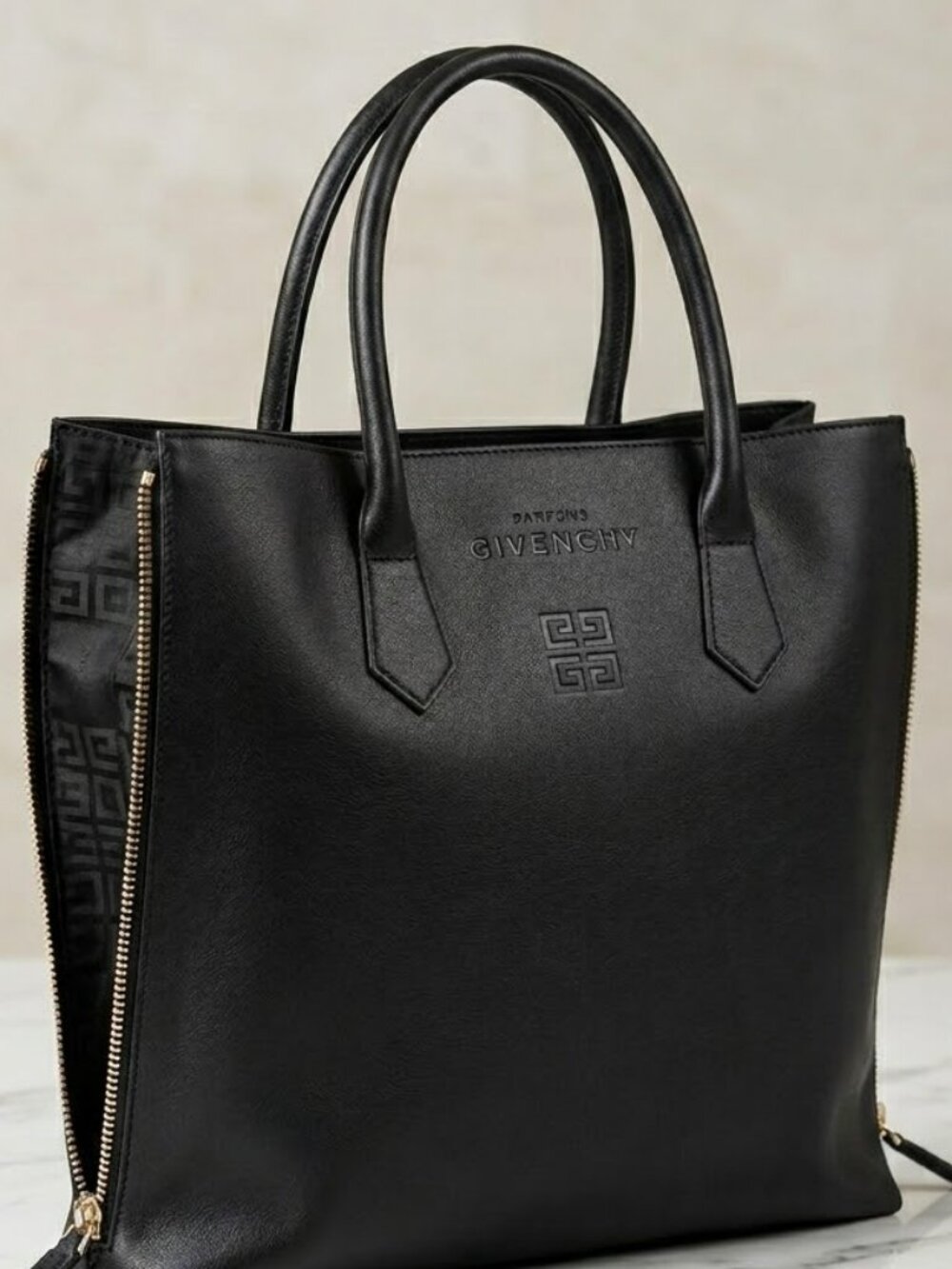 Givenchy Parfums Black Side Zipper Expandable Bag Vegan Leather Logo Tote Travel